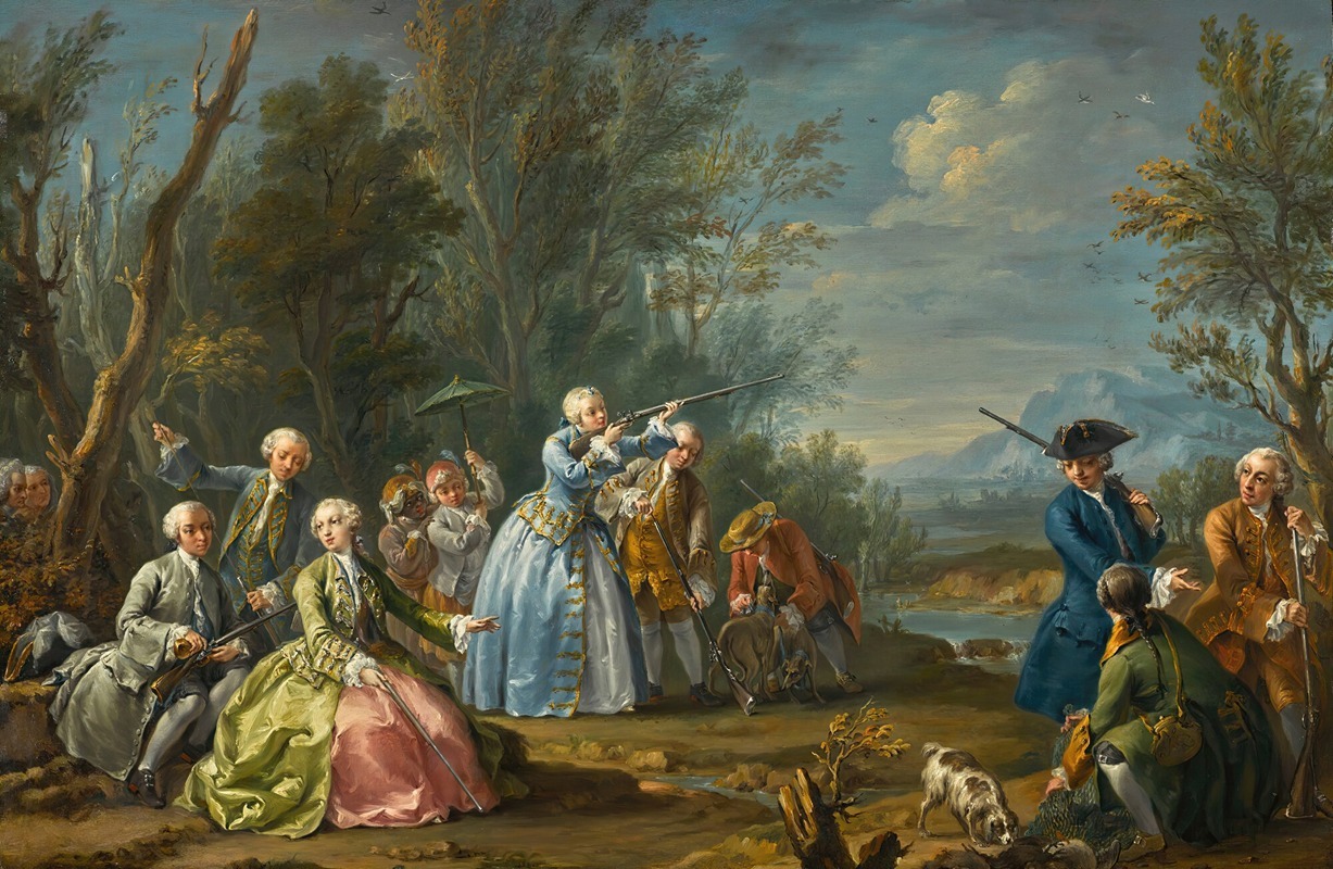 Charles-Joseph Flipart - Two Court Ladies Out Shooting With Their Retinue