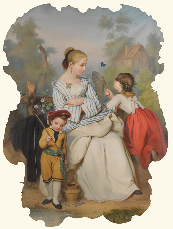 Continental School - Girl With Two Children And Butterfly