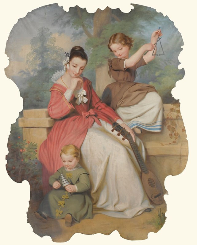 Continental School - Girl With Two Children Playing Music