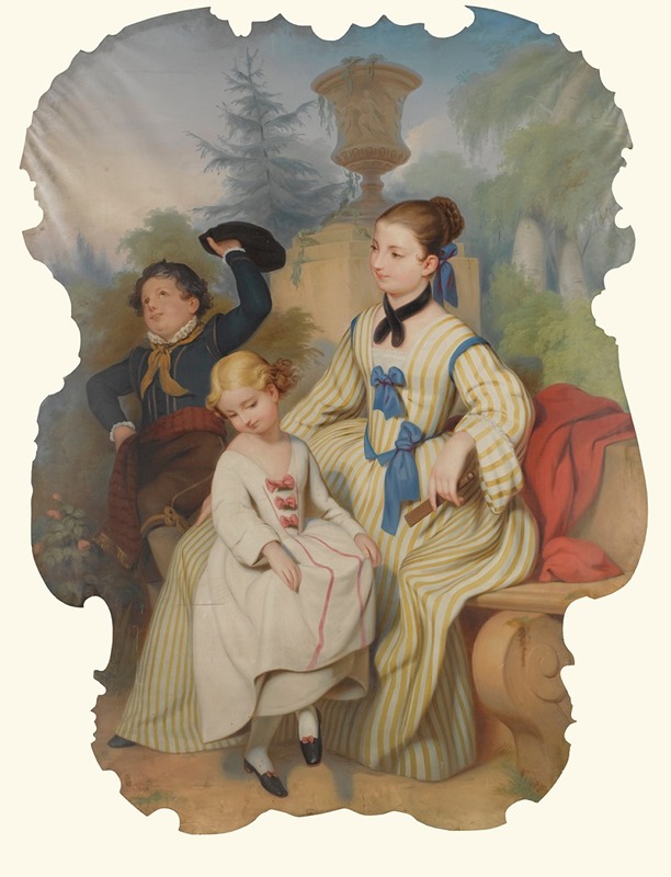 Continental School - Girl With A Fan And Two Children In Elegant Dress