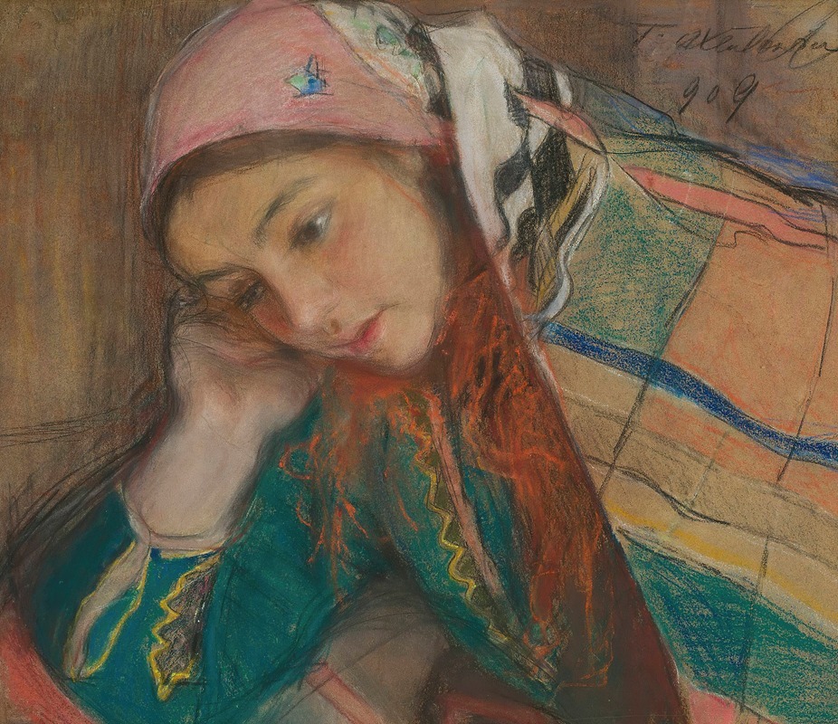 Teodor Axentowicz - Portrait of a girl in Krakow costume