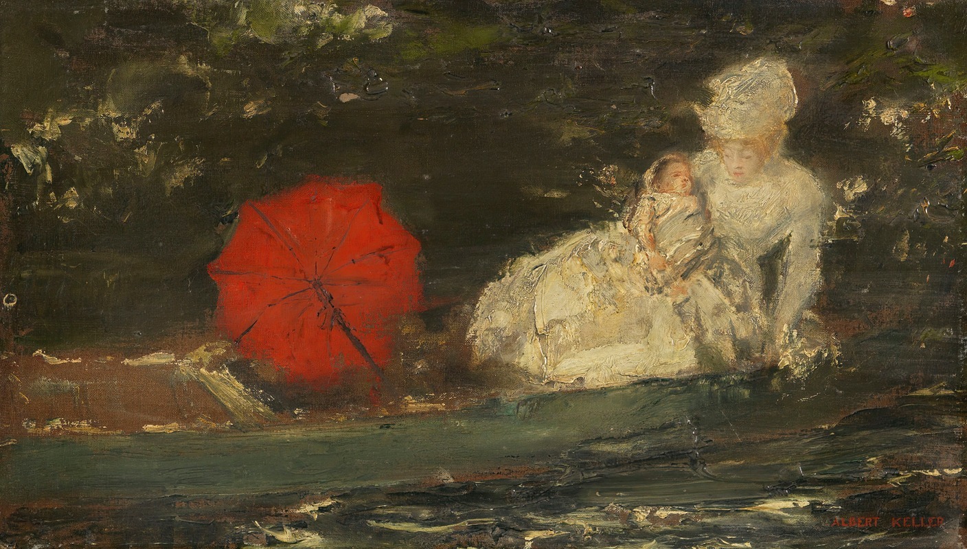 Albert von Keller - Frau und Kind im Freien mit rotem Parasol