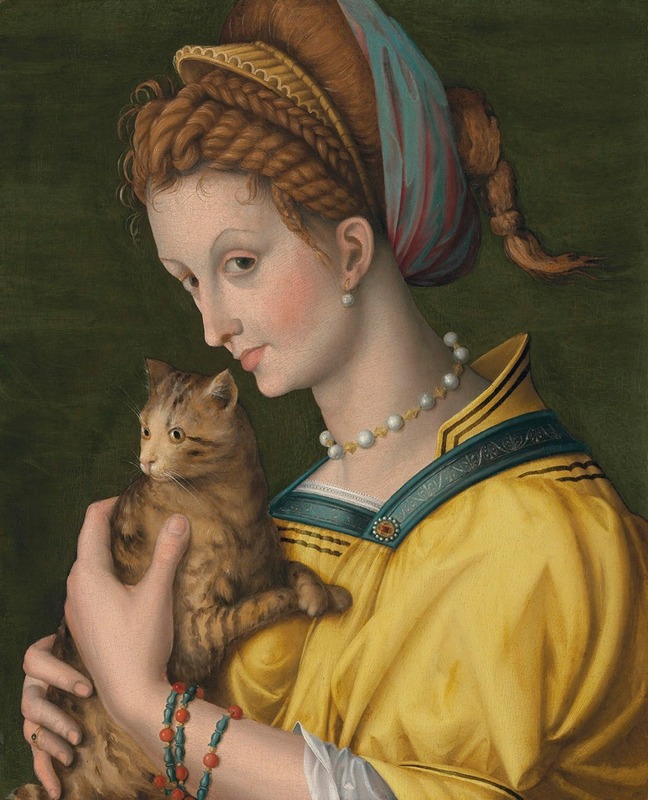 Bacchiacca - Portrait of a young lady holding a cat