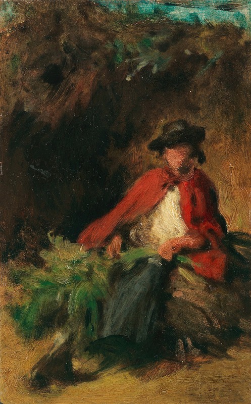 Carl Spitzweg - Sitzendes Mädchen mit rotem Umhang, einen Hasen vor sich