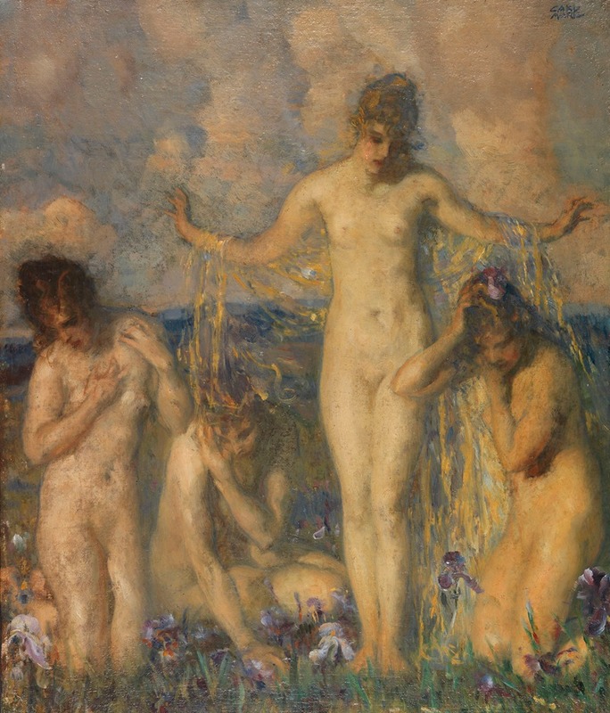 Carl Von Marr - Four female nudes in a meadow with irises