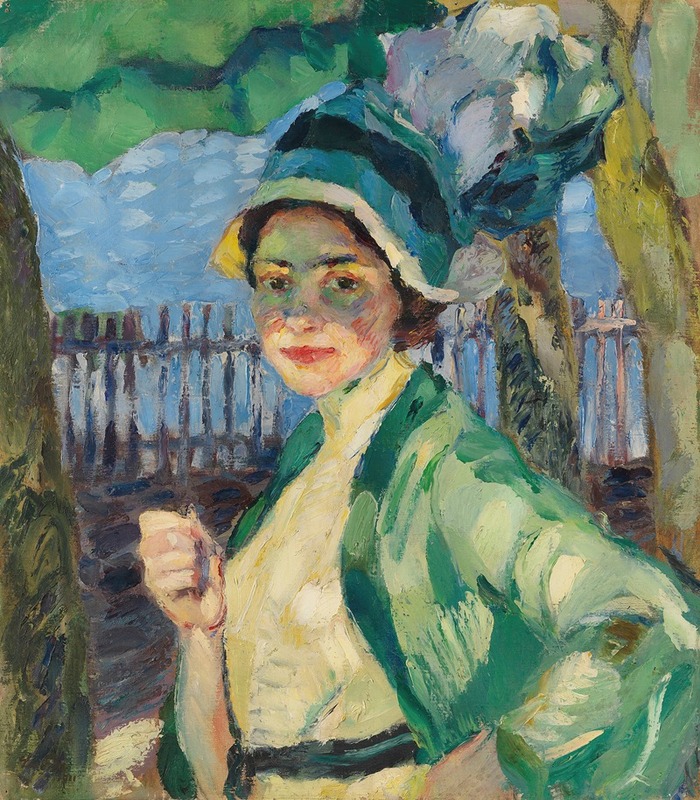 Leo Putz - Porträt einer Dame unter grünem Schirm (Frieda Blell)