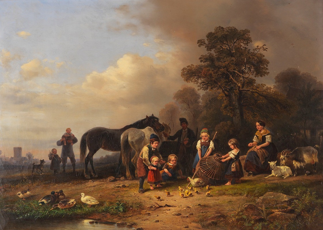 Wilhelm Alexander Meyerheim - Ländliches Vergnügen. Bauernfamilie bei einem Korbe mit jungen Hühnchen