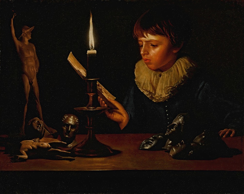 Adam de Coster - Boy behind a table with statuettes reading by candlelight