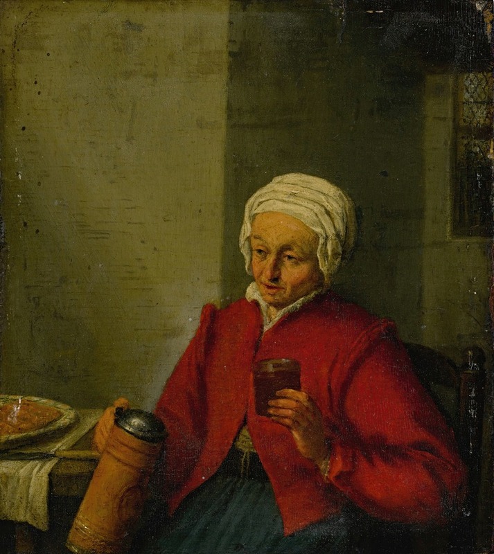 Adriaen van Ostade - A woman holding a jug and a cup