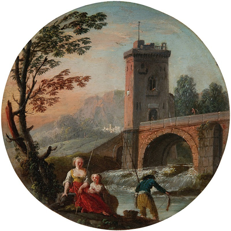 Charles-François Grenier De Lacroix - A fisherman and family beneath a bridge