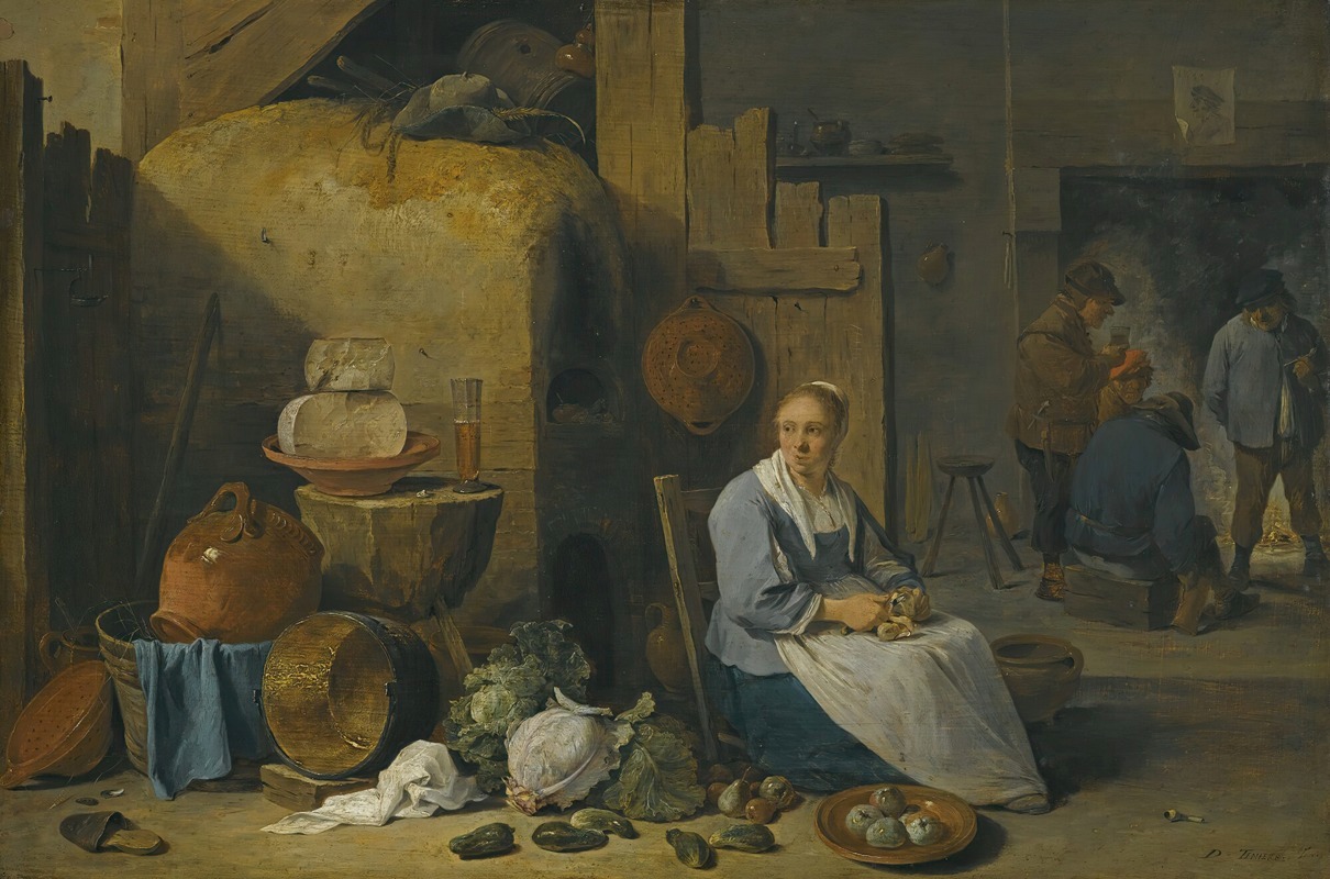 David Teniers The Younger - A Barn Interior With A Maid Preparing Vegetables