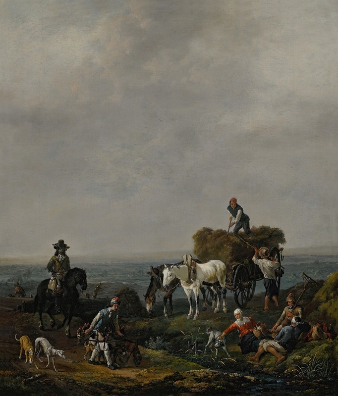Johannes Lingelbach - Falconers on a path with harvesters loading hay onto a wagon nearby, a valley beyond, at dusk