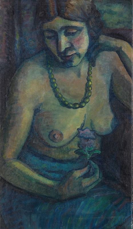 Dorothea Maetzel-Johannsen - Selbstporträt in Blau (Halbakt mit Perlenkette)