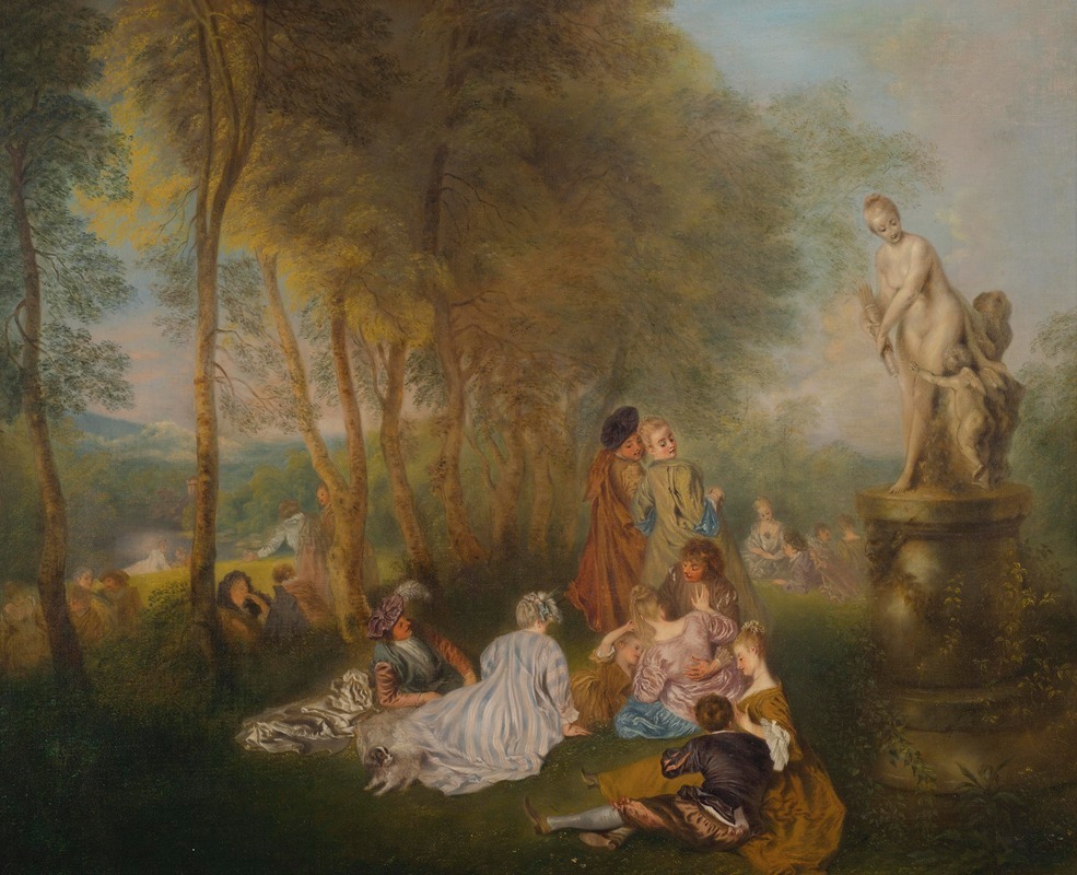 Follower of Antoine Watteau - Fête Galante With a Statue of Venus