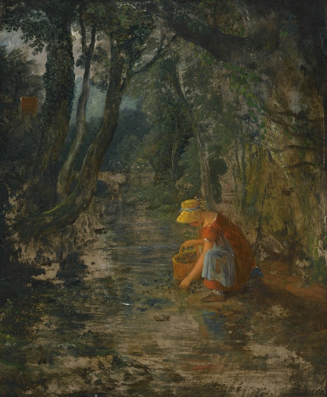 Francis Danby - A Girl Collecting Berries By a Brook In a Wooded Landscape