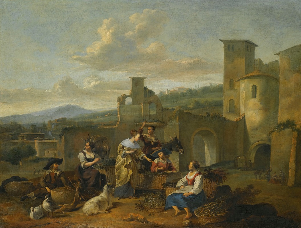 Hendrick Mommers - An Italianate Landscape With Vegetable Sellers
