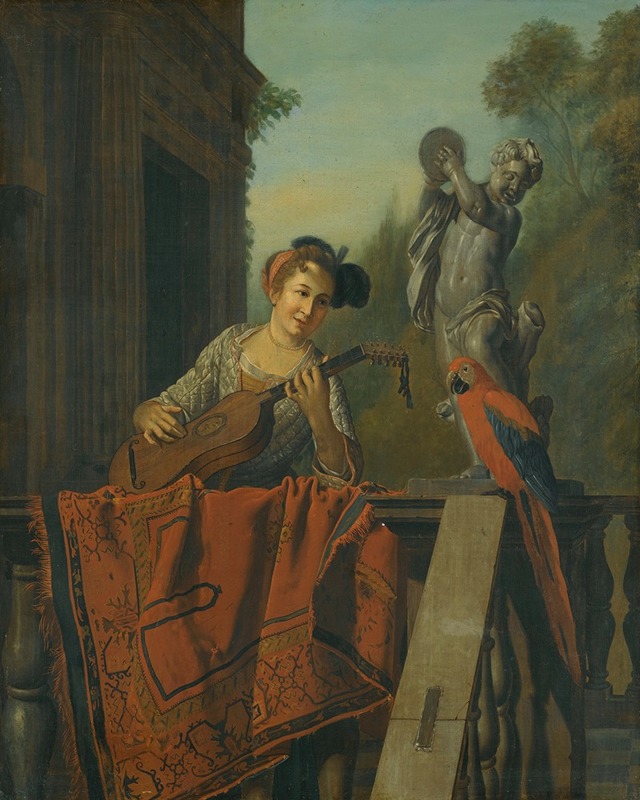 Jan Josef Horemans The Elder - An Elegant Figure Playing A Guitar At a Balustrade With a Macaw