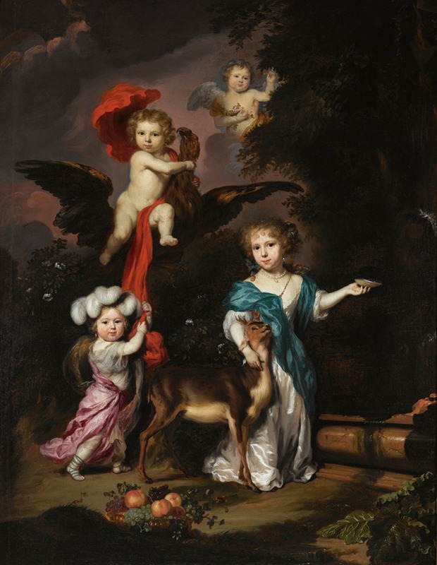 Nicolaes Maes - Pastoral Family Portrait of Four Children, Personifying Mythological Figures, Including Ganymede, And Diana With a Deer