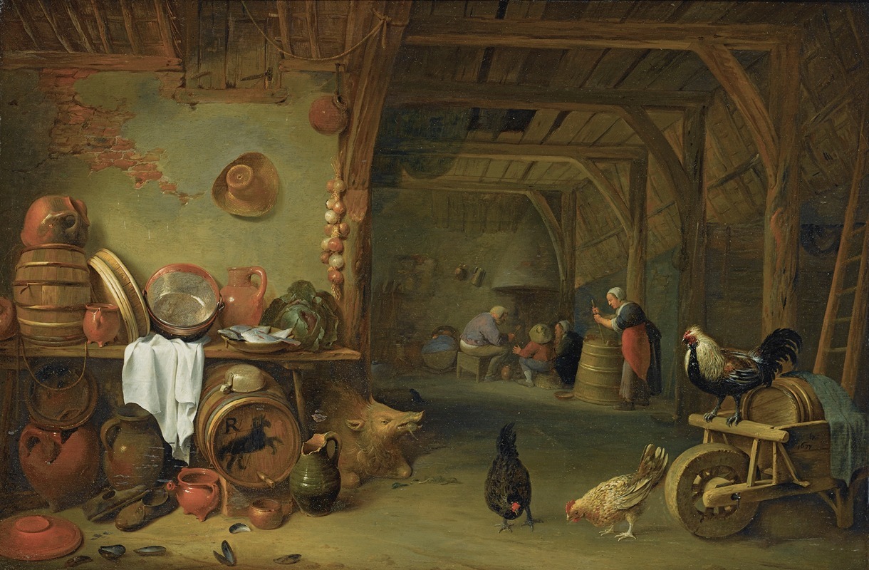Pieter de Bloot - A Barn Interior With a Still Life of Fish On a Plate, a Cabbage, Earthenware And Copper Pots And Pans And Other Kitchen Utensils
