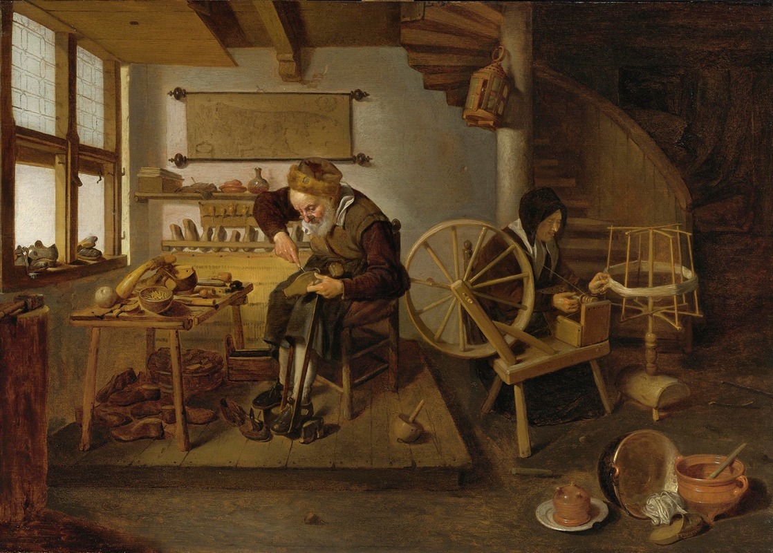 Quirijn Van Brekelenkam - A Cobbler At Work, His Wife Spinning Wool