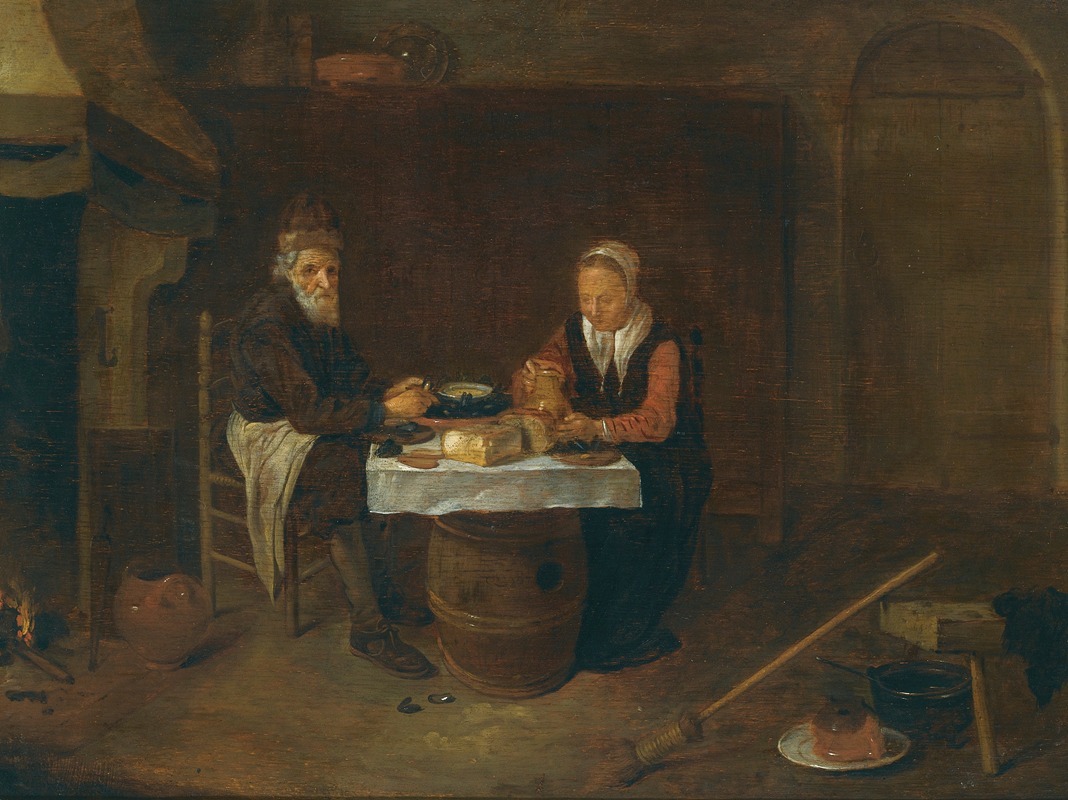 Quirijn Van Brekelenkam - A Modest Interior With An Elderly Couple Seated At a Table, Eating Mussels And Bread