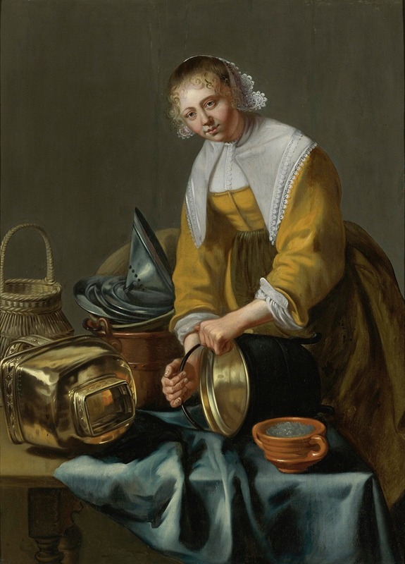 Willem van Odekercken - A Kitchen Maid Standing By a Table With Copper Pots, Pewter Plates And Other Objects