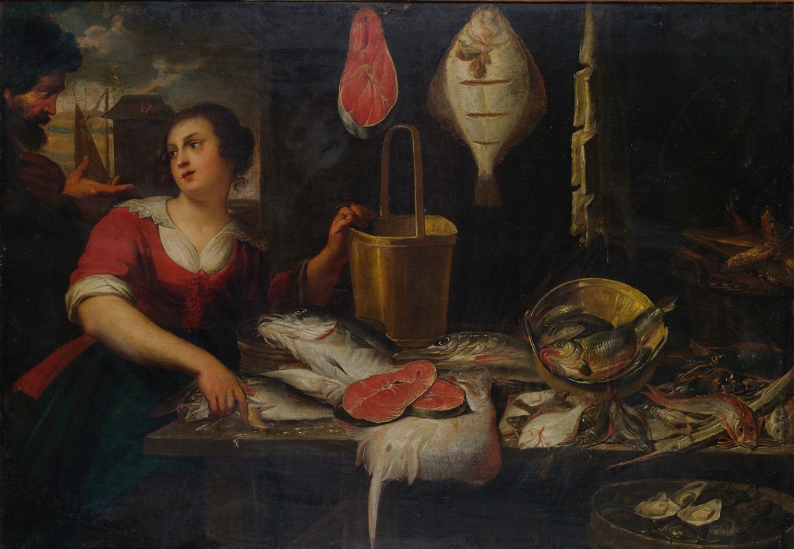 Flemish School - Two figures in a kitchen interior with a fish still life