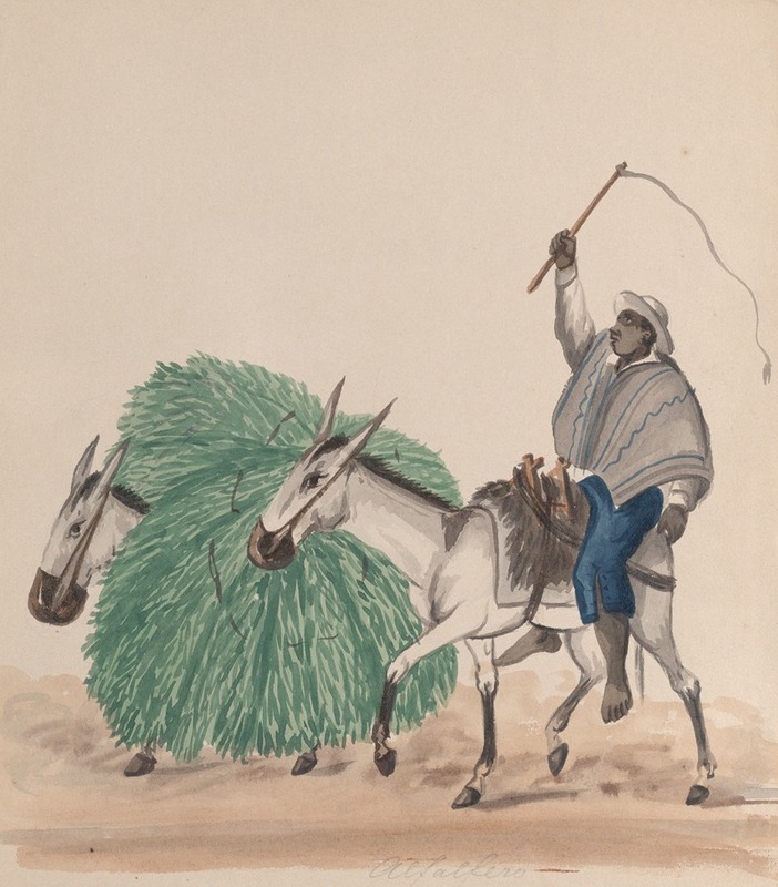 Francisco Fierro - A man riding a mule, his whip raised, another mule loaded with grass alongside
