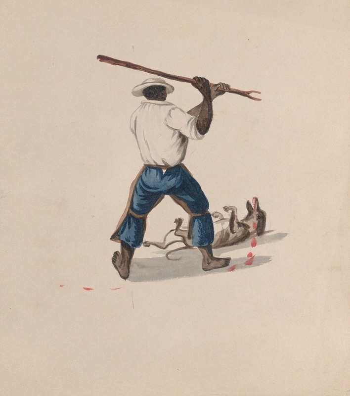 Francisco Fierro - A man viewed from behind beating a dog with a stick