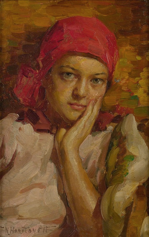 Nicholas B. Haritonoff - Portrait of a girl in a red scarf