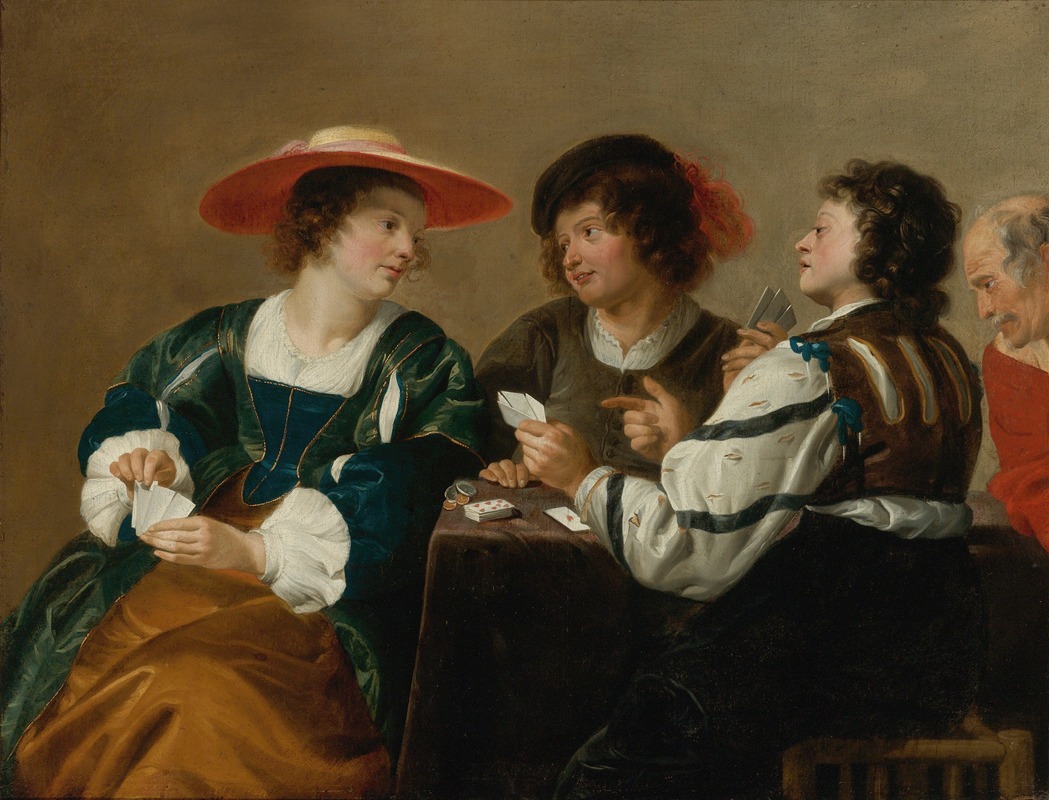 Theodoor Rombouts - A woman and three men seated around a table playing cards