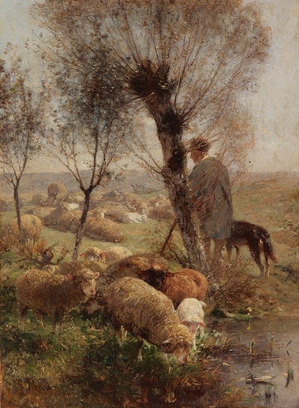 Heinrich Von Zügel - Schäfer mit Hund und Herde unter Weidenbäumen am Wasser