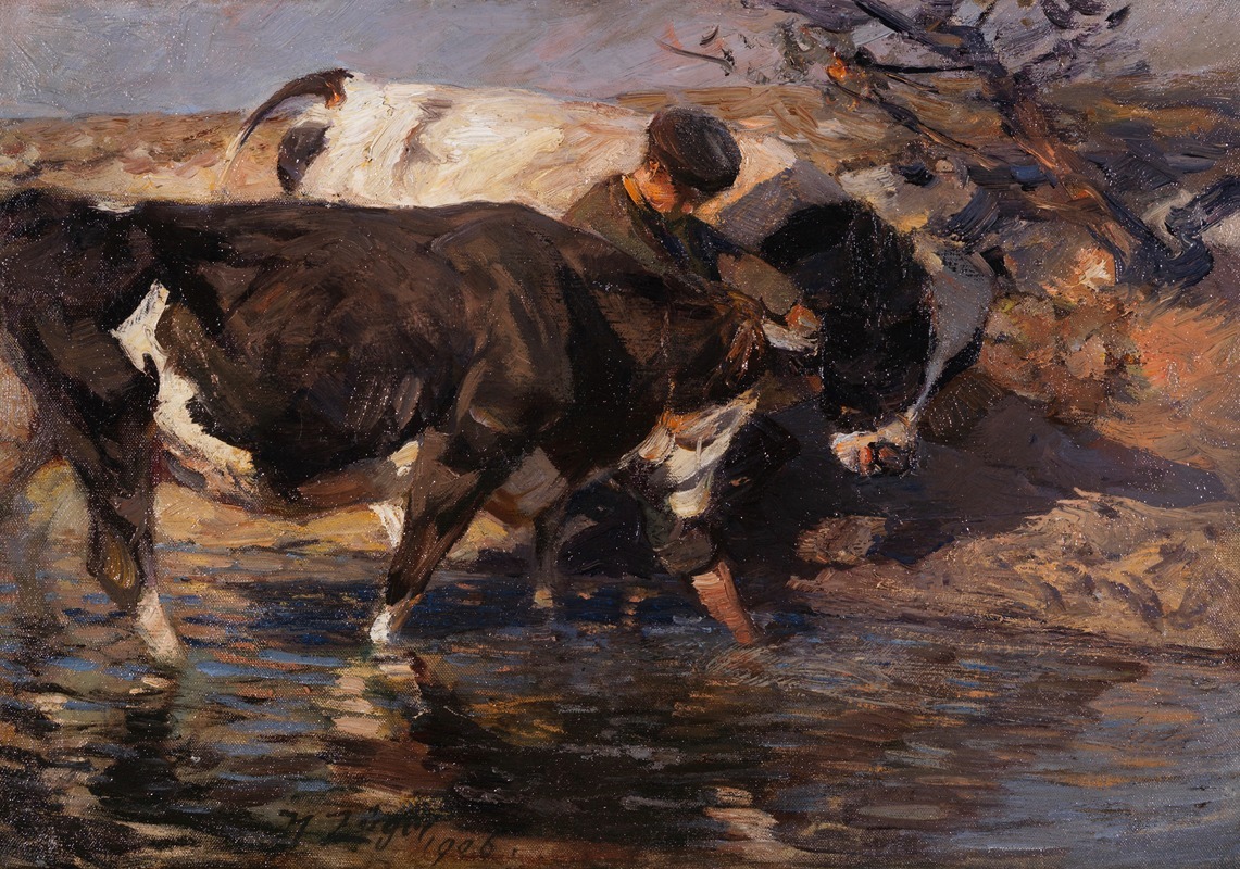 Heinrich Von Zügel - Treiber mit zwei Rindern an der Furt