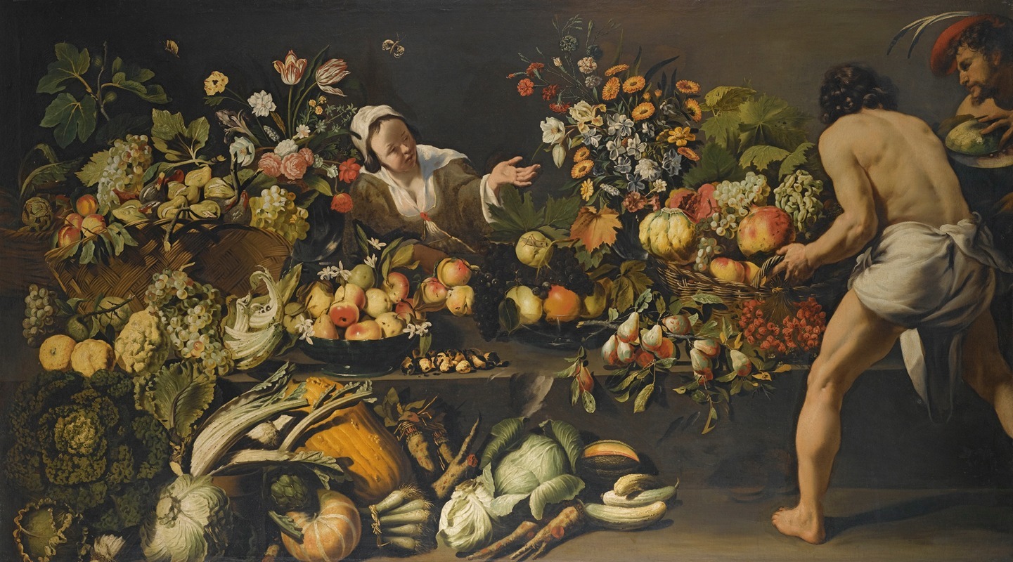 Italo-Flemish School - An Interior With Fruits, Vegetables And Flowers Arranged Over A Table And The Floor, With A Woman And Two Men