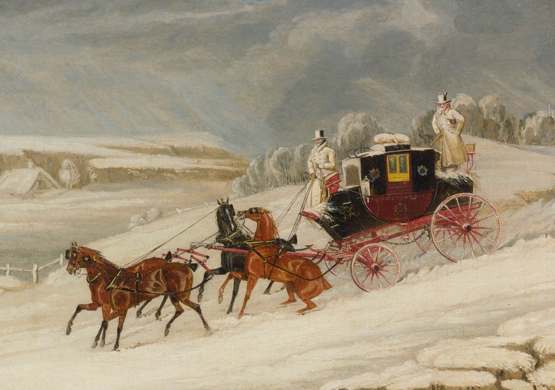 James Pollard - The London-Glasgow Royal Mail Coach Descending A Hill In A Snowstorm