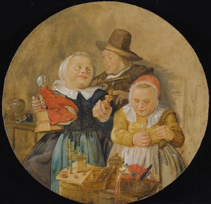 Jan Miense Molenaer - An Interior With A Man Holding A Flute, And Two Children Playing With Their Toys