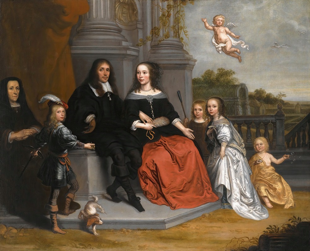 Jan Victors - A Portrait Of A Family Within A Formal Garden Setting, The Husband And Wife Seated Beneath Two Fluted Pillars