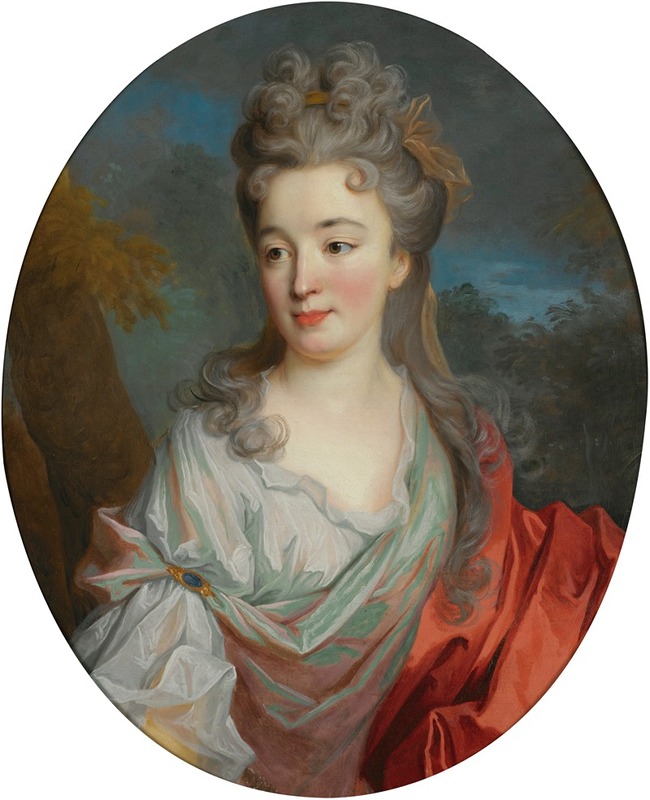 Jean-Baptiste Oudry - Portrait Of A Lady, Half Length, With A White Shirt And Red Sash, A Landscape Beyond