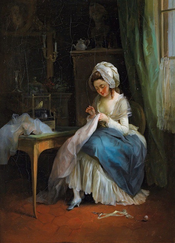 Jean-François Garneray - Young girl embroiding in an interior
