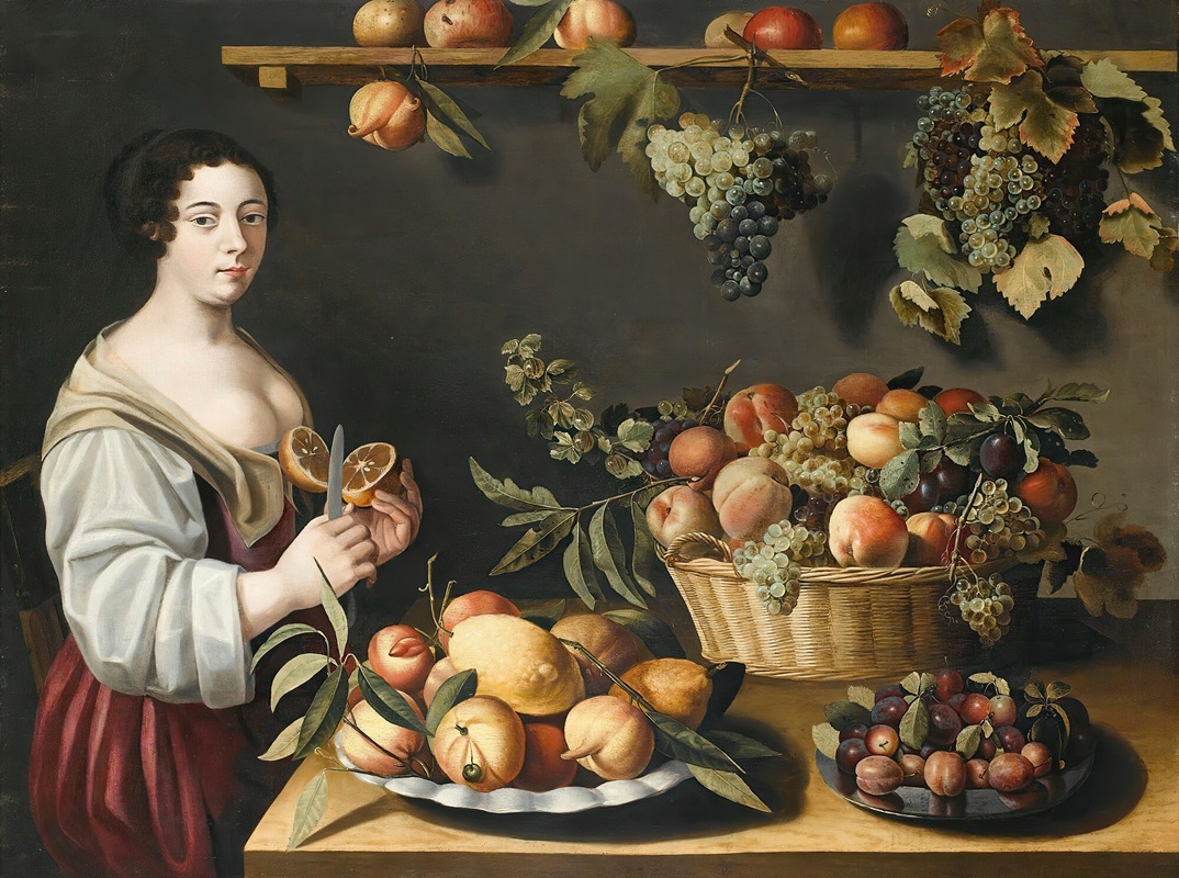 Louise Moillon - Still life with fruits and a young woman