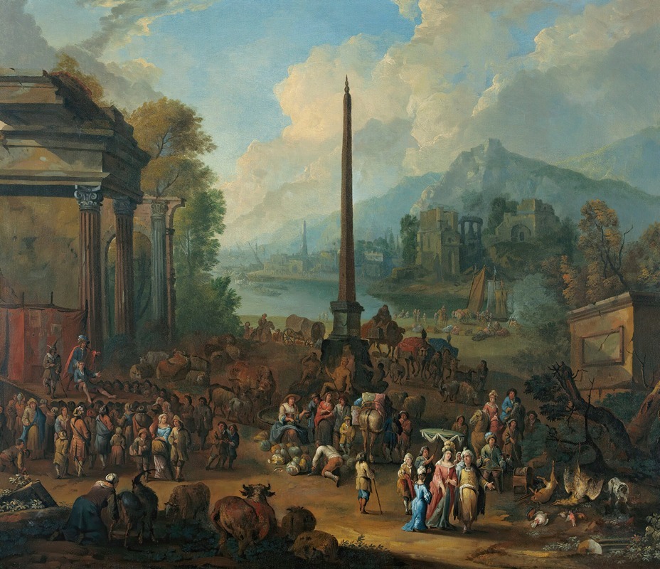 Peter Tillemans - A Harbour Scene With Numerous Figures Attending Market