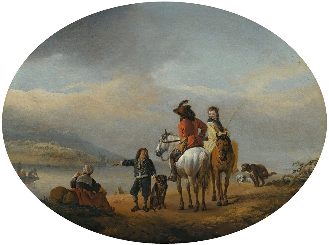 Philips Wouwerman - A Lady And A Gentleman On Horseback Being Shown To An Approaching Ferry By A Young Page