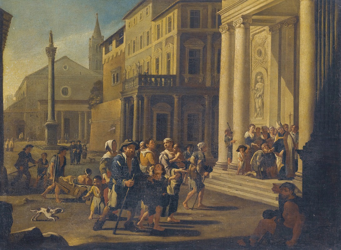 Willem Reuter - A Townscape With A Bishop Healing The Sick And Injured In Front Of A Church