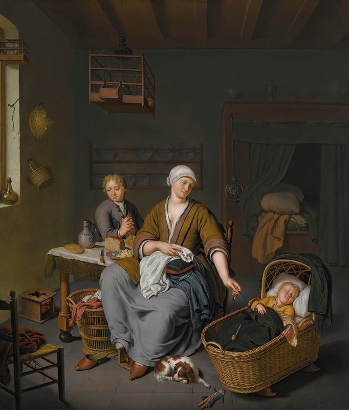 Willem Van Mieris - A Young Mother Tending To Her Two Children In A Domestic Interior