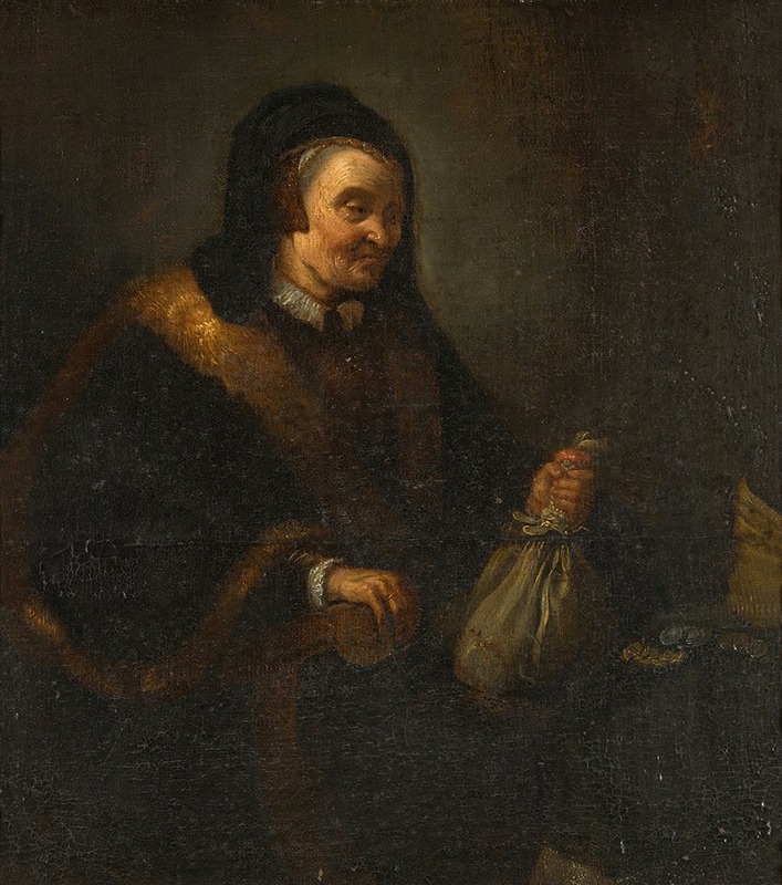 Follower of Rembrandt van Rijn - An old woman with a purse and coins at a table; Allegory of Avarice
