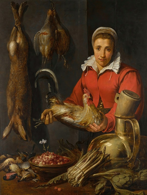 Frans Snyders - A female merchant holding a cockerel, with game, asparagus, artichokes, utensils and a bowl of wild strawberries