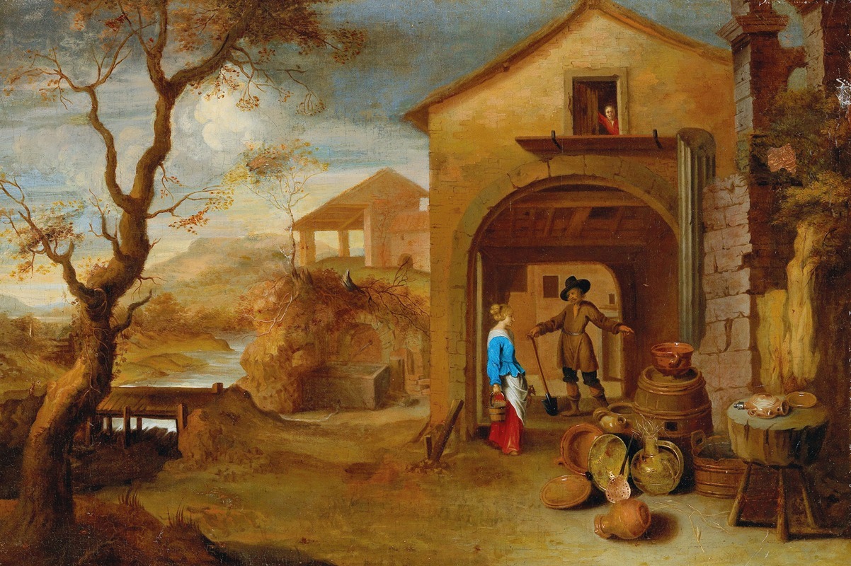 Gillis Peeters the Elder - A peasant couple conversing in a farmyard