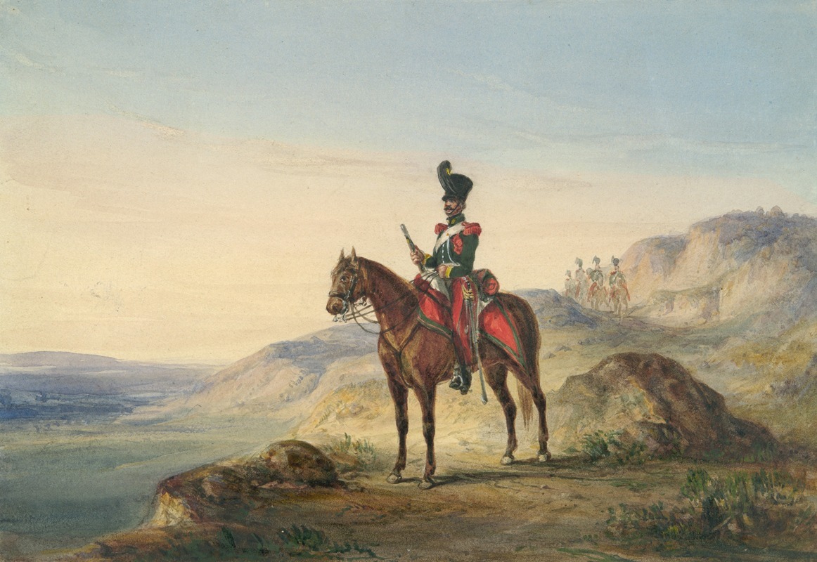 Henry Martens - Mounted Soldier in Rocky Terrain with Guards in Distance