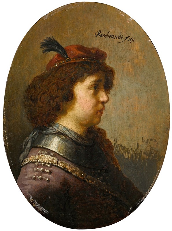 Follower of Rembrandt van Rijn - Portrait of a young man in armour and a red feathered cap