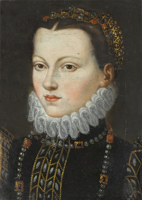North Italian School - Portrait of a young woman, bust length, wearing an embroidered coat and a pearl necklace and headpiece